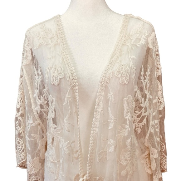 Origami by Vivian Lace Bohemian Long Kimono Duster Coverup Off White (Size F) - Picture 3 of 12